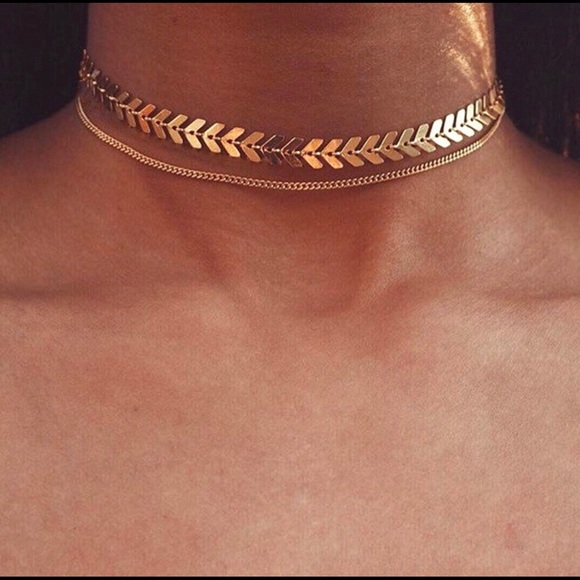 Chevron & Chain Gold Choker Necklace 2Layer - Picture 2 of 4
